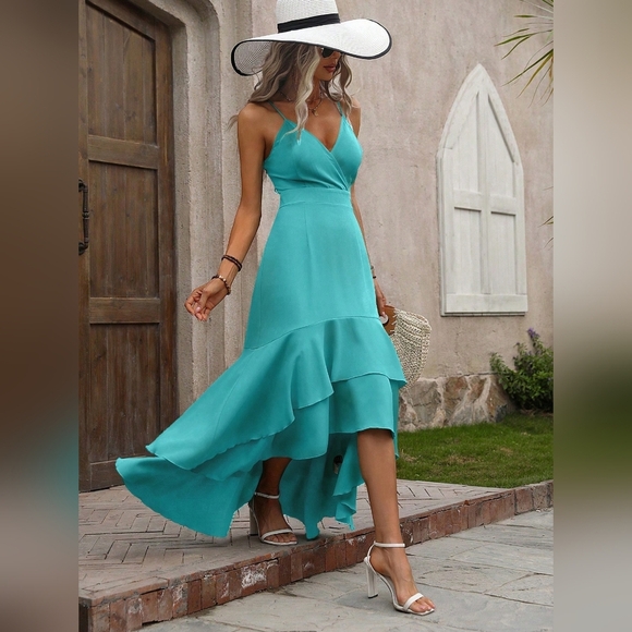 Dresses & Skirts - Summer Solid Color V-Neck Cami Dress With Ruffle Hem